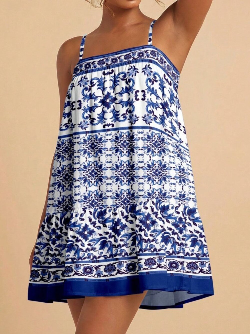 White Boho Women's Mediterranean Geometric Floral Spaghetti Strap Short Dress - Picture 6 of 8